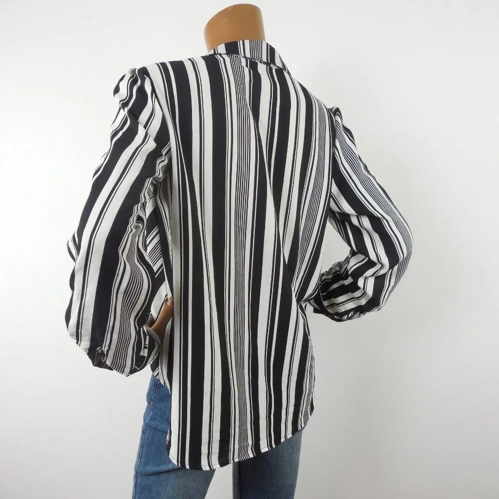 DRESSBARN Top M Black/White Striped Blouse NWT Hi/Low Stretch Roll Tab Long Slvs - Picture 8 of 11
